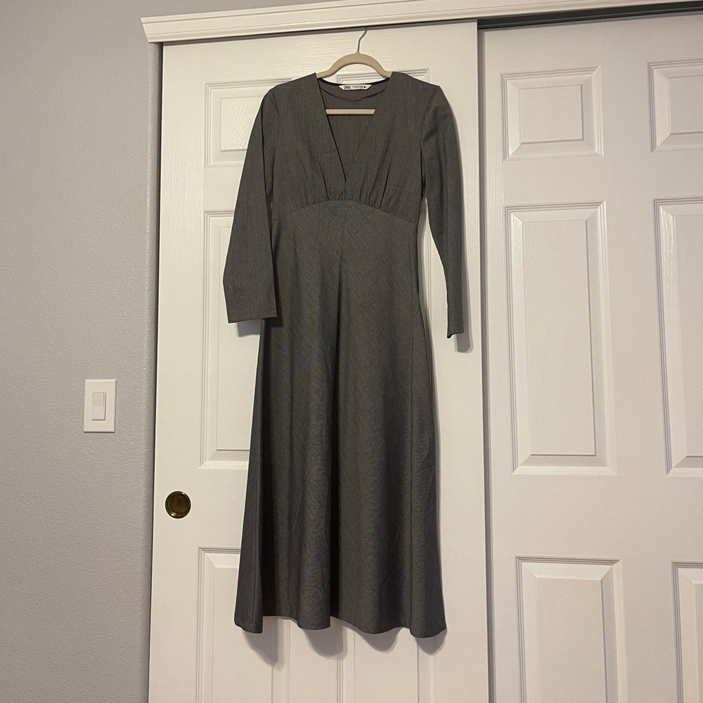 Zara Gray Long V neck dress